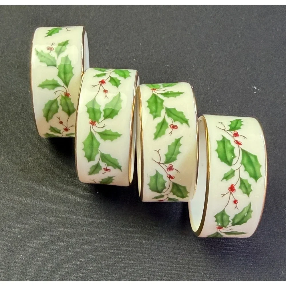 Lenox Holiday Napkin Rings Set of 4 Ivory‎ Bone China Gold Trim Holly Vintage